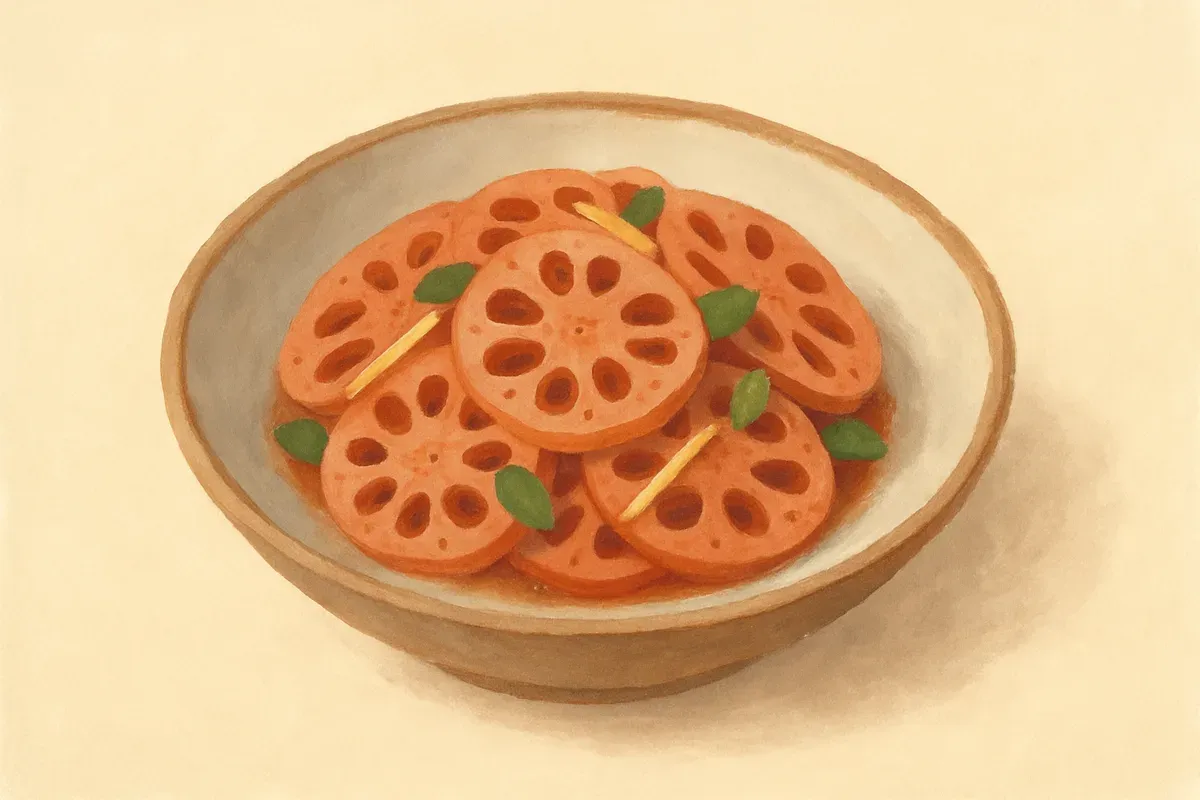 Illustration of Stir-fried lotus root with ginger, made with lotus root.
