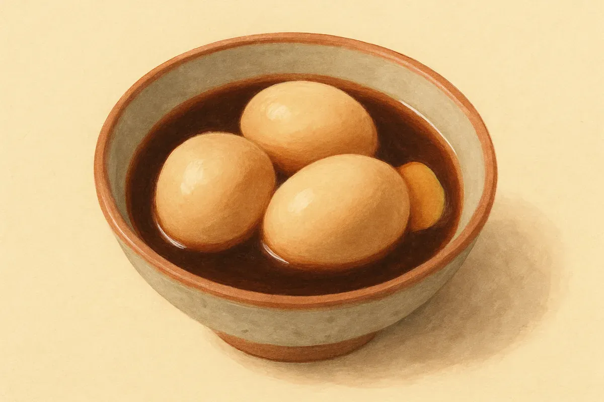 Illustration of Sweet vinegar eggs, made with sweetened black vinegar and old ginger.