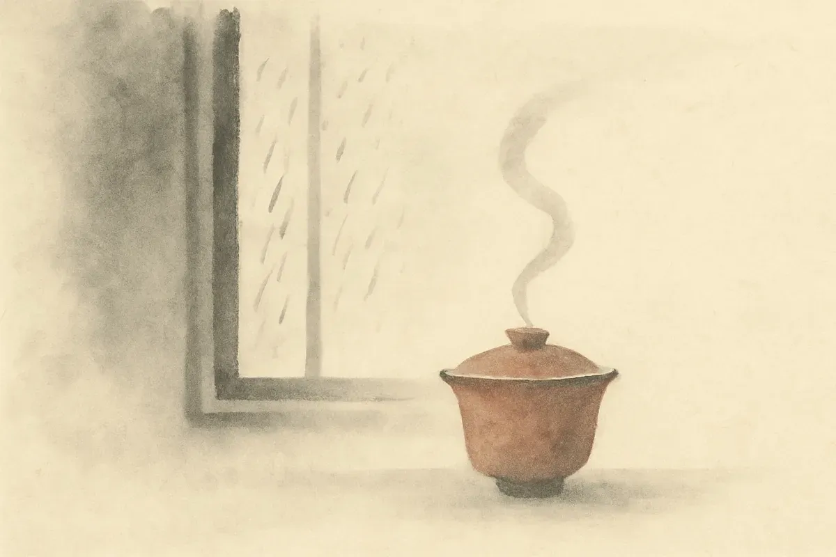 Ink wash illustration of a covered teacup with a curl of steam beside a window traced with rain.