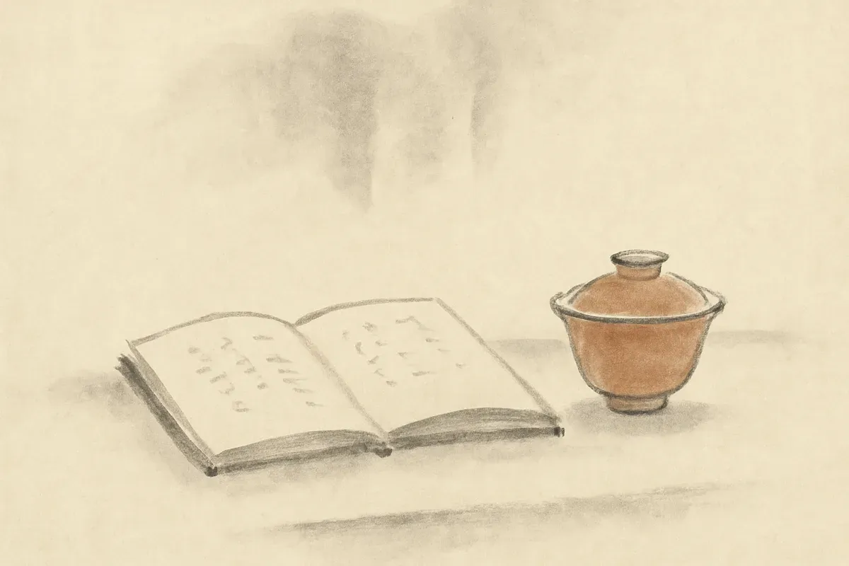 Ink wash illustration of an open notebook with soft jottings and a covered teacup on a quiet table.