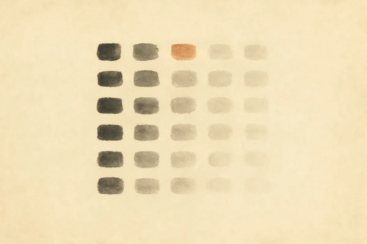 Ink wash illustration of thirty brush marks in a grid, dark at the start and fading to light.