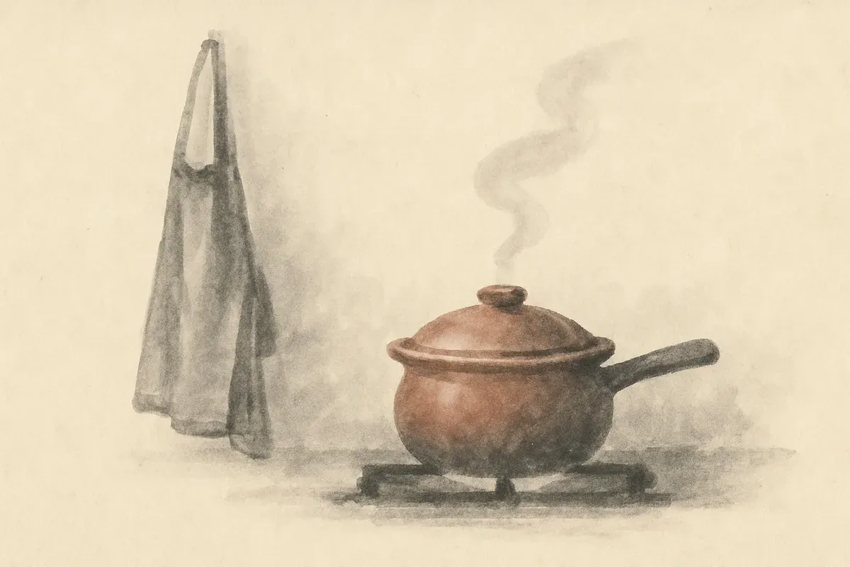 Ink wash illustration of a covered clay soup pot simmering on a stove beside a folded cloth apron.
