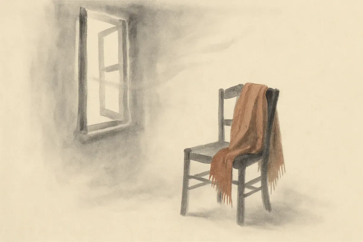 Ink wash illustration of a woollen shawl draped over an empty chair beside a slightly open window.