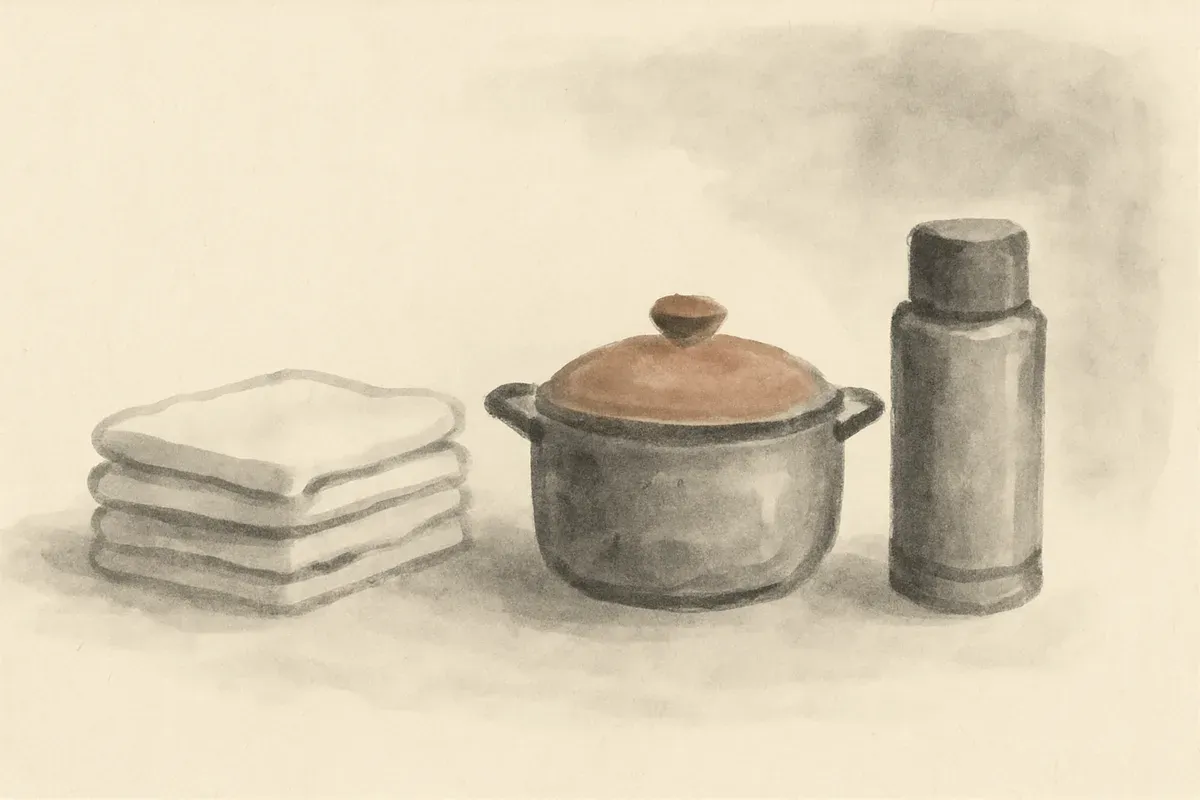 Ink wash illustration of folded clean linen beside a covered soup pot and a filled thermos.