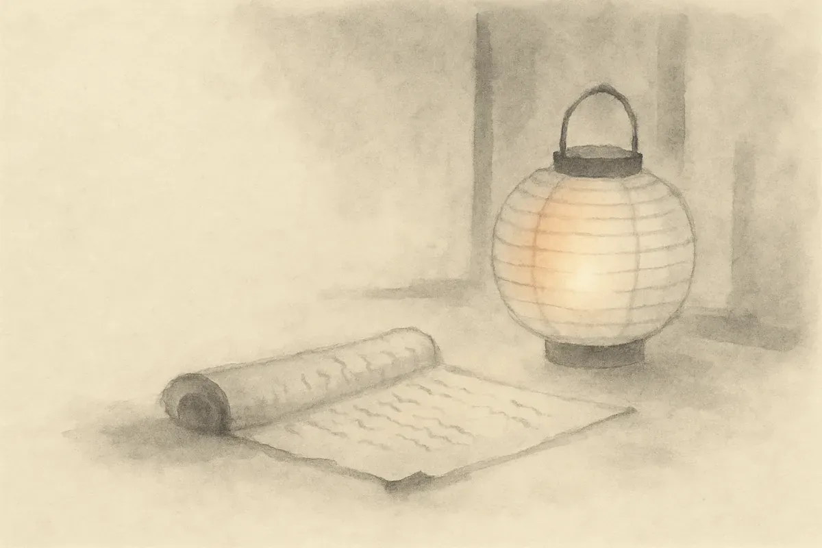 Ink wash illustration of a paper lantern casting warm light across an unrolled scroll.