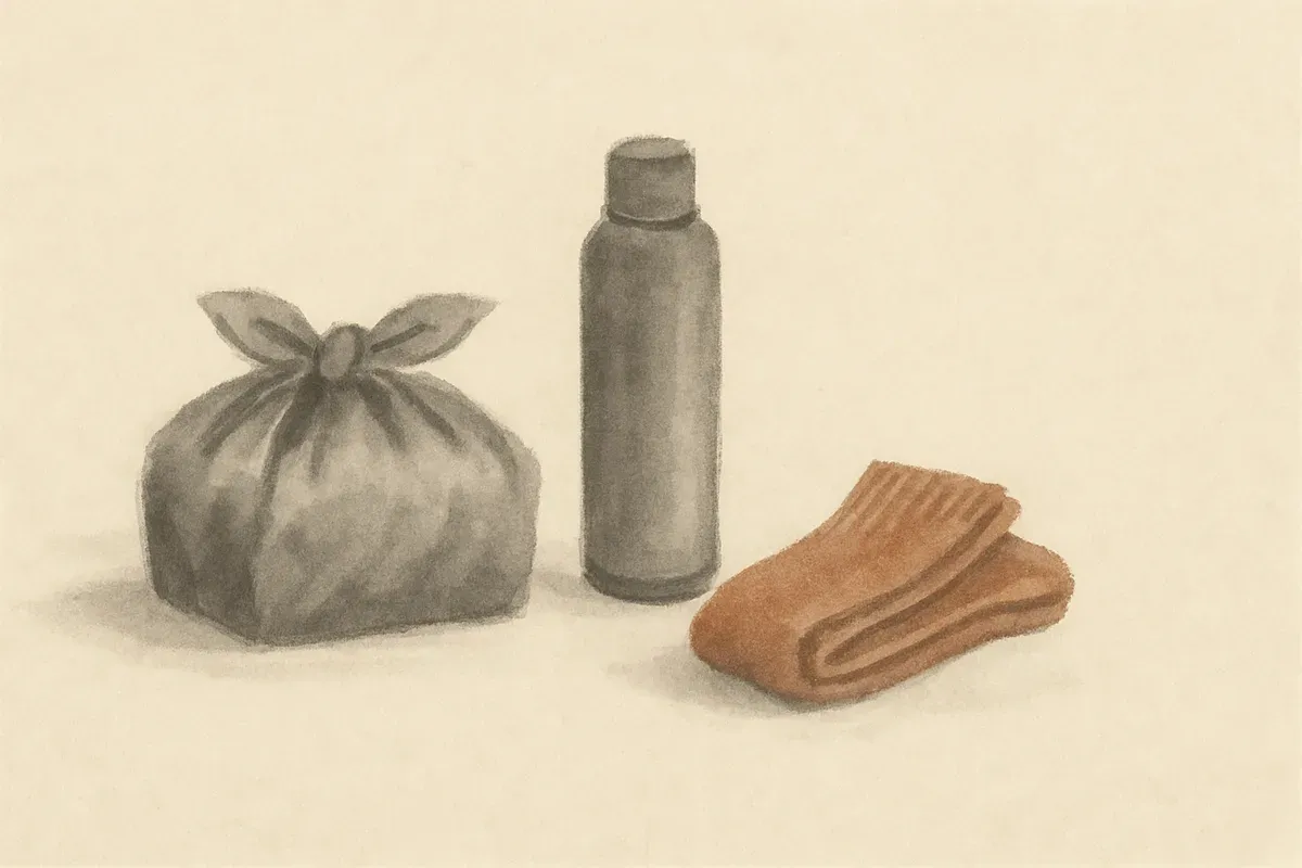 Ink wash illustration of a cloth-wrapped bundle, a thermos and folded warm socks resting together.